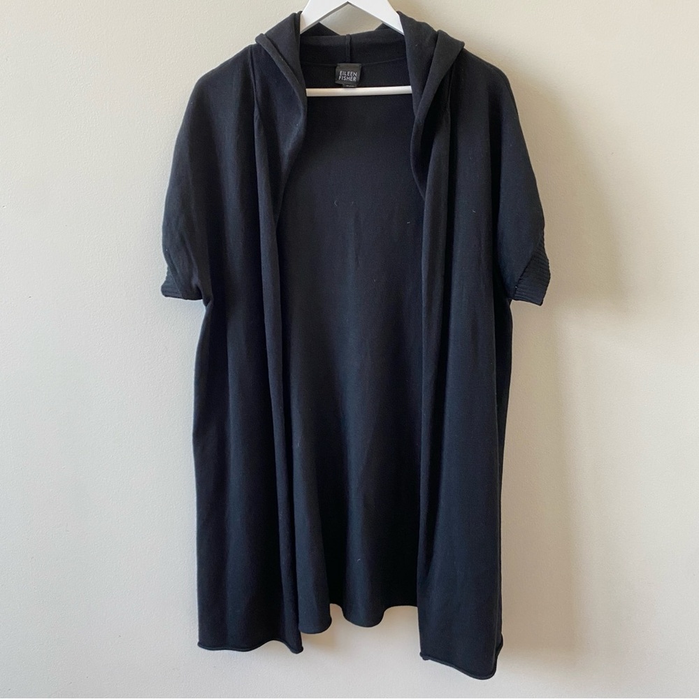 Eileen Fisher Silk Cashmere Black Short Sleeve Hooded Open Front Cardigan XL